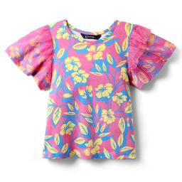 Pine Kids Cotton Knit Half Flutter Sleeves Top with Floral Print - Pink-image-65
