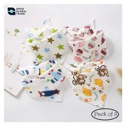 Ortis Cotton Baby Bib, Triangular Scarf with 2 Adjustable Press Studs - Pack of 8 (Color & Design May Vary)-picture-1