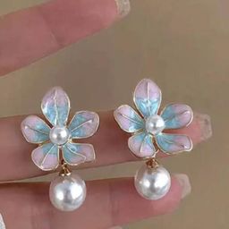 SZN Rose Gold Plated Pearls Beaded Korean Floral Shaped Drop Earrings-16