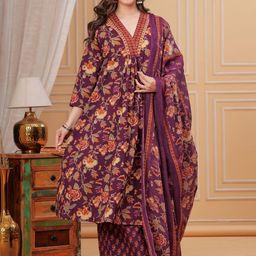 MEERA FAB Women Floral Printed Cotton Anarkali Kurta with Trousers & Dupatta-image-26