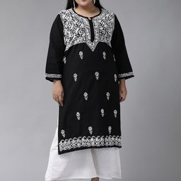 ADA Women Plus Size Black & White Chikankari Hand Embroidered Sustainable Straight Kurta-20