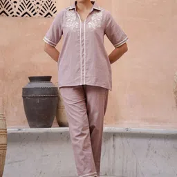 Sangria Lavender Embroidered Pure Cotton Top With Trouser-picture-56