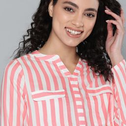 Mast & Harbour Women Coral Pink & White Candy Stripes Shirt Style Top-image-21