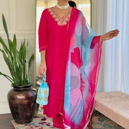 Siya Fashion Floral Yoke Design V-Neck Thread Work Straight Kurta With Trouser & Dupatta-39