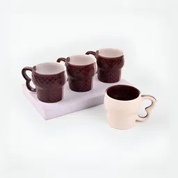 Storepedia Brown & White Handcrafted Textured Ceramic Matte Cups Set of Cups and Mugs-30