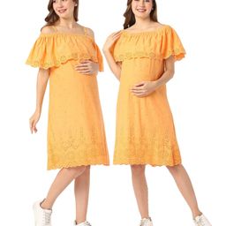 Bella Mama Cotton Woven Schiffli Overlap Off Shoulder Summer Dress With Adjustable Strap - Peach-image-33