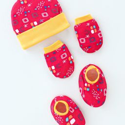 OHMS Interlock Knit Cap Mittens and Booties Square Print Red - Diameter 11 cm-image-33