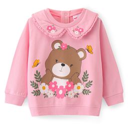 Babyhug Cotton Knit Full Sleeves Peter Pan Collared Sweatshirt With Teddy Graphics & Lace Detailing - Pink-image-36