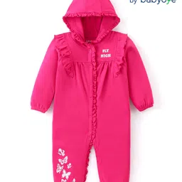 Babyoye 100% Cotton Knit Full Sleeves Hooded Romper with Frill Detailing & Butterfly Print - Pink-picture-22