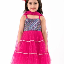 Babyhug  Sleeveless Net Embroidered Ethnic Dress With Mirror Work & Dupatta -  Hot Pink-image-1
