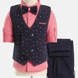 Robo Fry Woven Full Sleeves Printed 3 Piece Party Suit With Bow - Navy Blue-picture-3