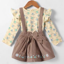 ToffyHouse 100% Cotton Knit Full Sleeves Floral Printed Top & Skirt Set with Frill Detailing Bow Applique - Tan & Cream-image-36