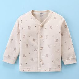 Zero Fleece Cotton Knit Full Sleeves Front Open Vest With Bear Print - Beige-30