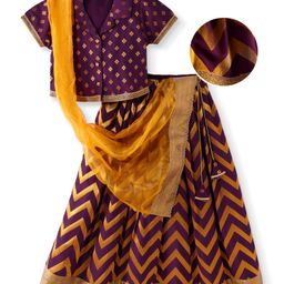 Pine Kids Woven Half Choli Lehenga & Dupatta Set With Foil Print & Tassel Detailing - Wine-image-22