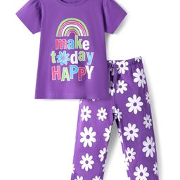Honeyhap PremiumCotton Knit Half Sleeves Floral Printed Night Suit with Bio Finish - Deep Lavender-image-30