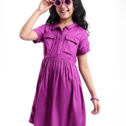 Pine Kids Rayon Woven Half Sleeves Solid Color Shirt Dress - Purple-picture-23