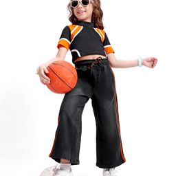 Ollington St. Cotton Colorblocked Half Sleeves Top & Denim Loose Pant Set - Black & Orange-image-87