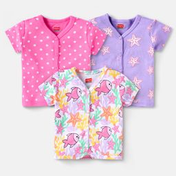 Babyhug 100% Cotton Knit Half Sleeves Antibacterial Front Open Vests with Polka Dots & Fish Print Pack of 3 - Dark Pink Purple & White-image-40