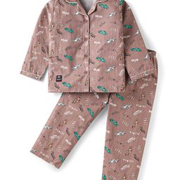 Enfance Core Cotton Woven Full Sleeves Car PrintedCoordinating Night Suit Set - Brown-image-75