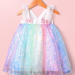 Babyhug Woven Frill Sleeves Mesh Party Dress with Sequin Detailing & Bow Applique - White-image-79