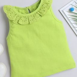 Aww Hunnie Cotton Rib Sleeveless Schiffli Embroidered Top - Green-image-98