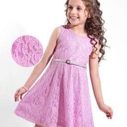 Hola Bonita Knit Sleeveless Frock With Floral Lace Detailing & Belt - Lavender-image-33