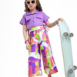 OLLINGTON ST. Cotton Knit Half Sleeves Top & Abstract Printed Knit Culottes - Purple & White-image-50