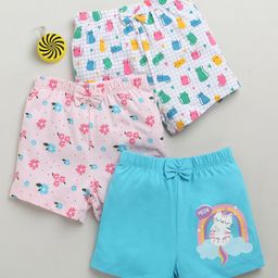 BUMZEE Cotton Pack Of 3 Cats & Floral Printed Checked Bow Applique Detailed Shorts - Baby Pink & White-image-59