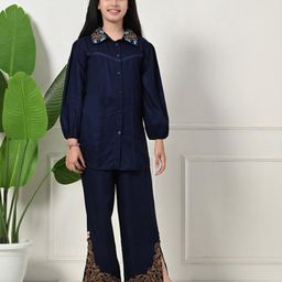 Bella Moda Cotton Full Puffed Sleeves Floral Embroidered Shirt Style Top & Coordinating Pant Set - Navy Blue-image-95