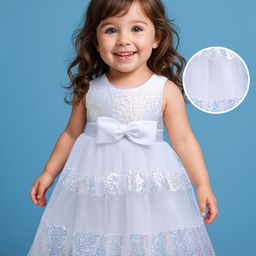 Babyhug Woven Sleeveless Mesh Party Dress with Sequin Detailing & Bow Applique - White-image-29