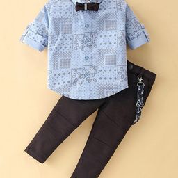 Dapper Dudes Full Sleeves Paisley Printed Shirt With Suspender Bow & Pant Set - Blue-image-79