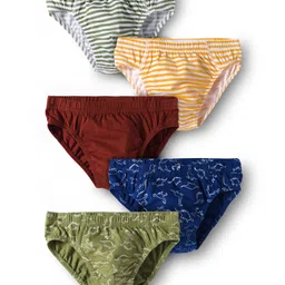 Honeyhap Premium 100% Cotton Elastane Knit with Bio Finish Briefs with Stripes Solid & Dino Print Pack of 5 - Khaki Maroon & Blue-picture-7
