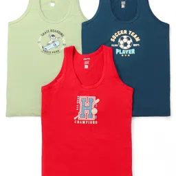 Revvo Junior Cotton Knit Sleeveless Vest with Sport Theme Text Print Pack of 3 - Green Red & Navy Blue-picture-2
