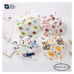 Ortis Cotton Baby Bib, Triangular Scarf with 2 Adjustable Press Studs - Pack of 10 (Color & Design May Vary)-picture-45