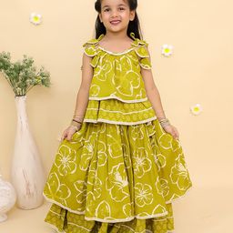 The Mom Store Cotton Knit Sleeveless Floral Printed Gota Lace Embellished Coordinating Layered Lehenga Choli - Multi Colour-picture-37