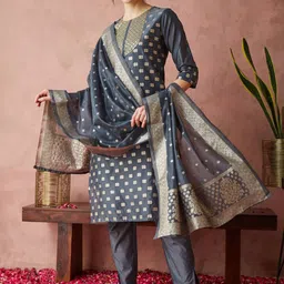 KAVINDI Women Regular Sequinned Chanderi Silk Kurta with Trousers & With Dupatta-0