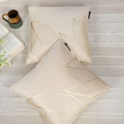 HOSTA HOMES Cream 2 Pcs Anti-Odour Leaf Printed Velvet Square Cushion Covers-12