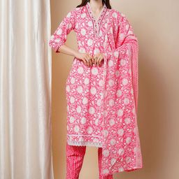 FASHOR Floral Printed V-Neck Pure Cotton Straight Kurta With Trousers & Dupatta-picture-15
