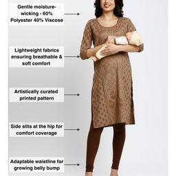 True Shape Three Fourth Sleeves Geometric Printed Maternity Kurta With Concealed Zipper Nursing Access - Brown image 3