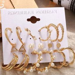 GOLDIWALA Set Of 9 Gold-Plated Pearls Studded Circular Shaped Half Hoop Earrings-36