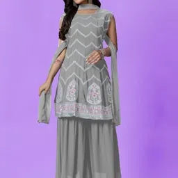 PARROT CREATION Floral Embroidered Sequinned Georgette A-Line Kurti With Sharara & Dupatta-image-14