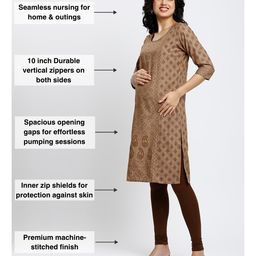 True Shape Three Fourth Sleeves Geometric Printed Maternity Kurta With Concealed Zipper Nursing Access - Brown image 4