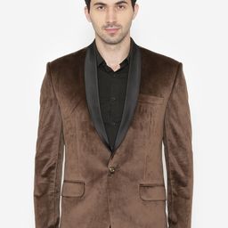 WINTAGE Men Brown Solid Single-Breasted Velvet Blazer-picture-52