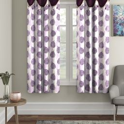 Cortina Purple & White Set of 2 Fancy Valance Leaf Printed Window Curtains-11