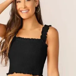 VYMO Solid Smocking Square Neck Sleeveless Vest Crop Top-image-14