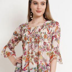 Popwings Women Floral Printed Smocking Bell Sleeve Chiffon Top-image-25