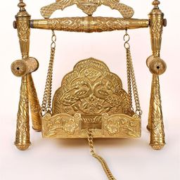Exotic India Gold Toned Peacock Design Brass Swing For Deity-image-5