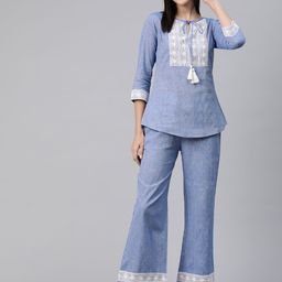 Cottinfab Women Yoke Design Tie-Up Cotton Neck Top with Trousers-41