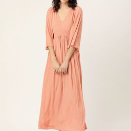 DODO & MOA Women Peach Coloured Solid Smocked Gathered Maxi Dress-picture-17