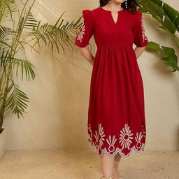 OCTICS Embroidered Puff Sleeves Fit & Flare Mdii Dress-image-34